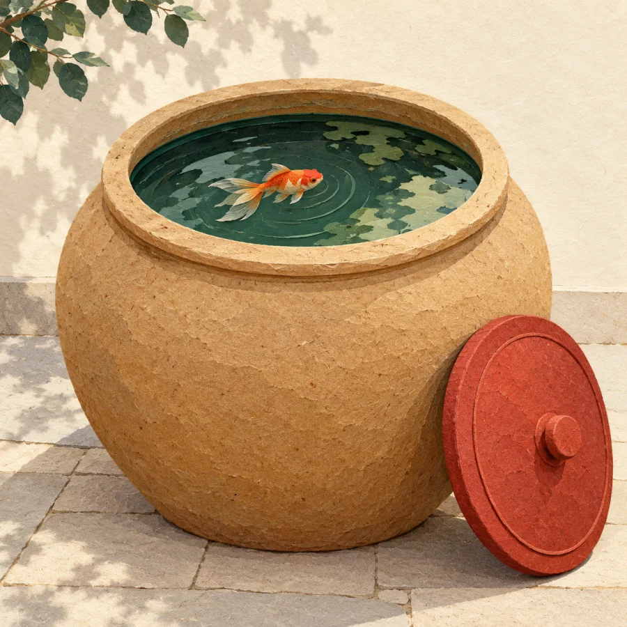 A big clay vat with a small fish in a courtyard