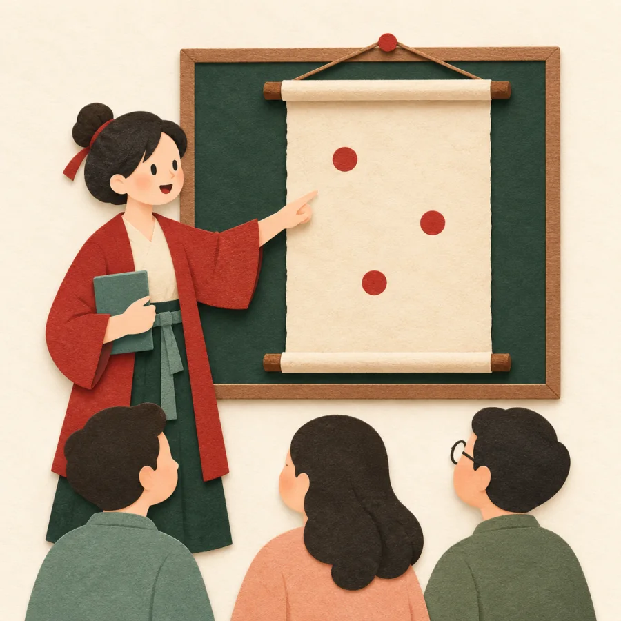 A person points at a large scroll before a small group