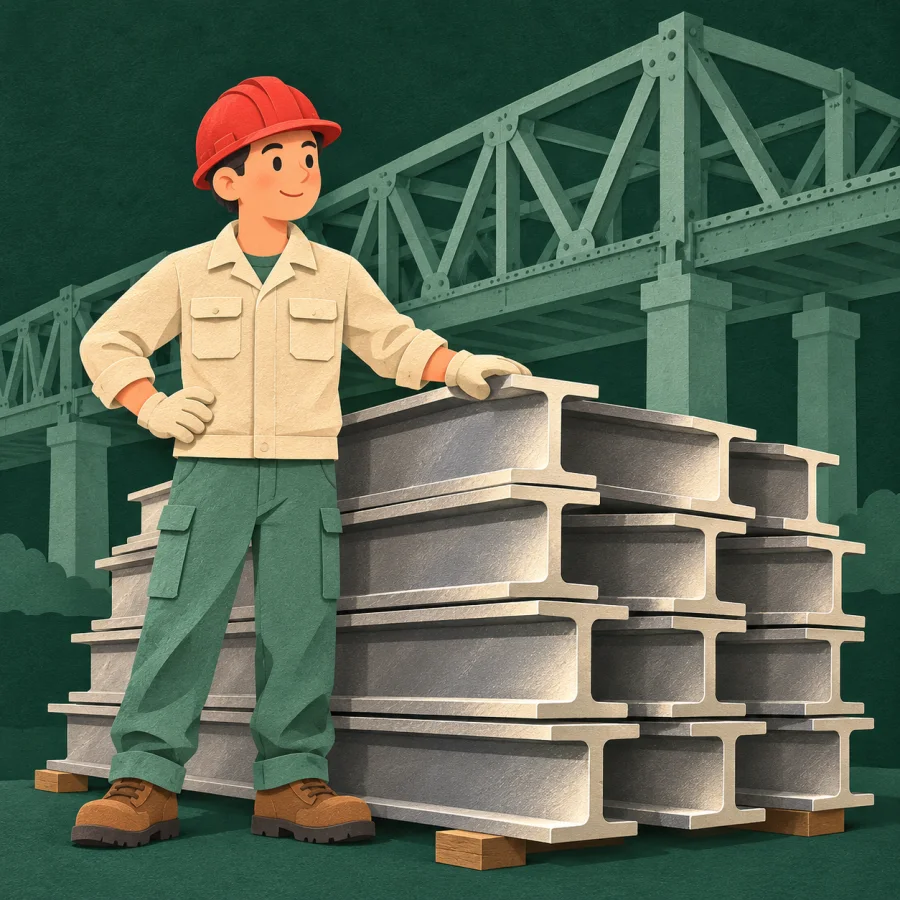 A worker stands beside a stack of steel beams