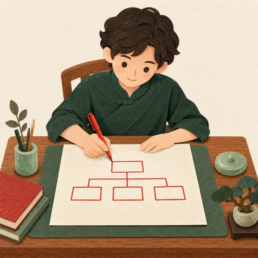 A person draws a diagram of boxes on a large sheet