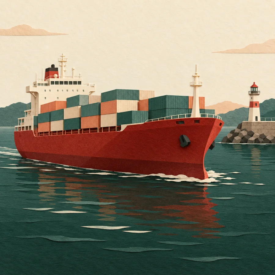 A cargo ship enters a harbour beside a lighthouse