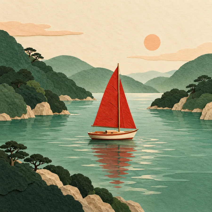 A sailboat rests in a quiet bay among hills