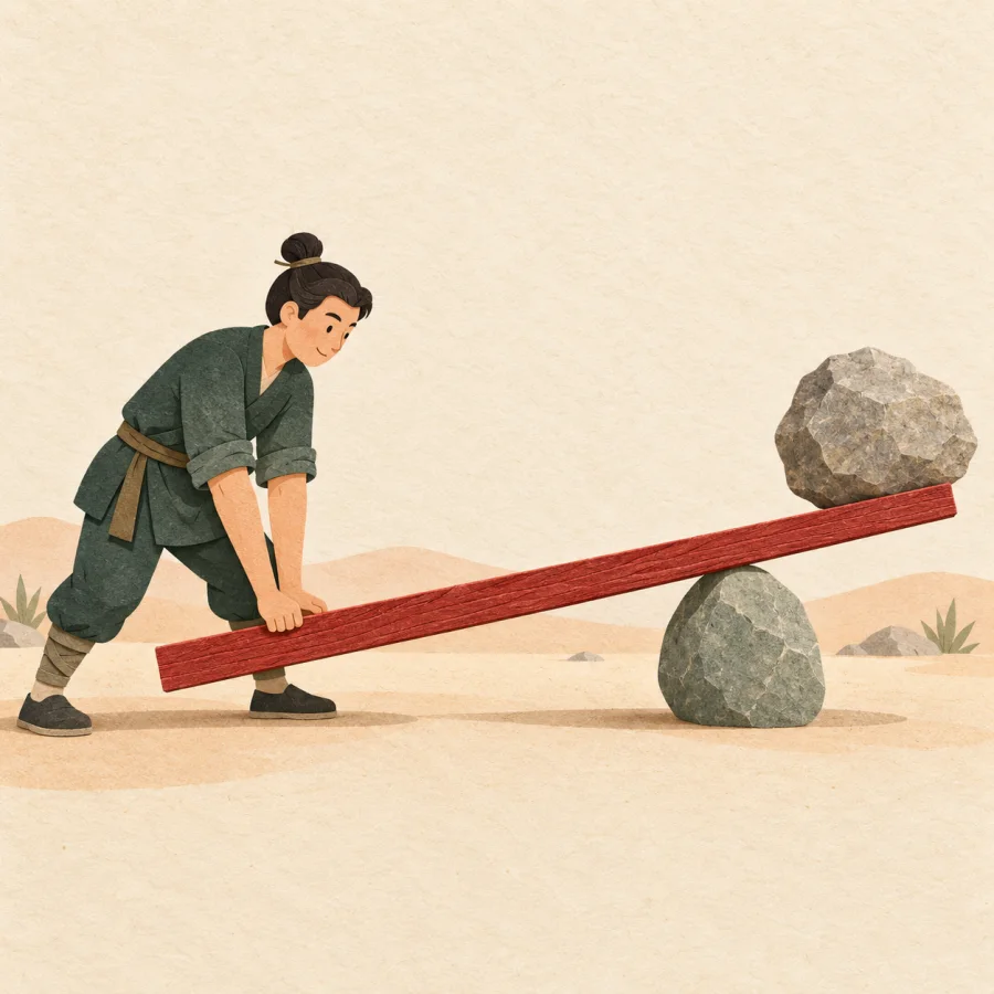 A person presses a long plank to lift a stone