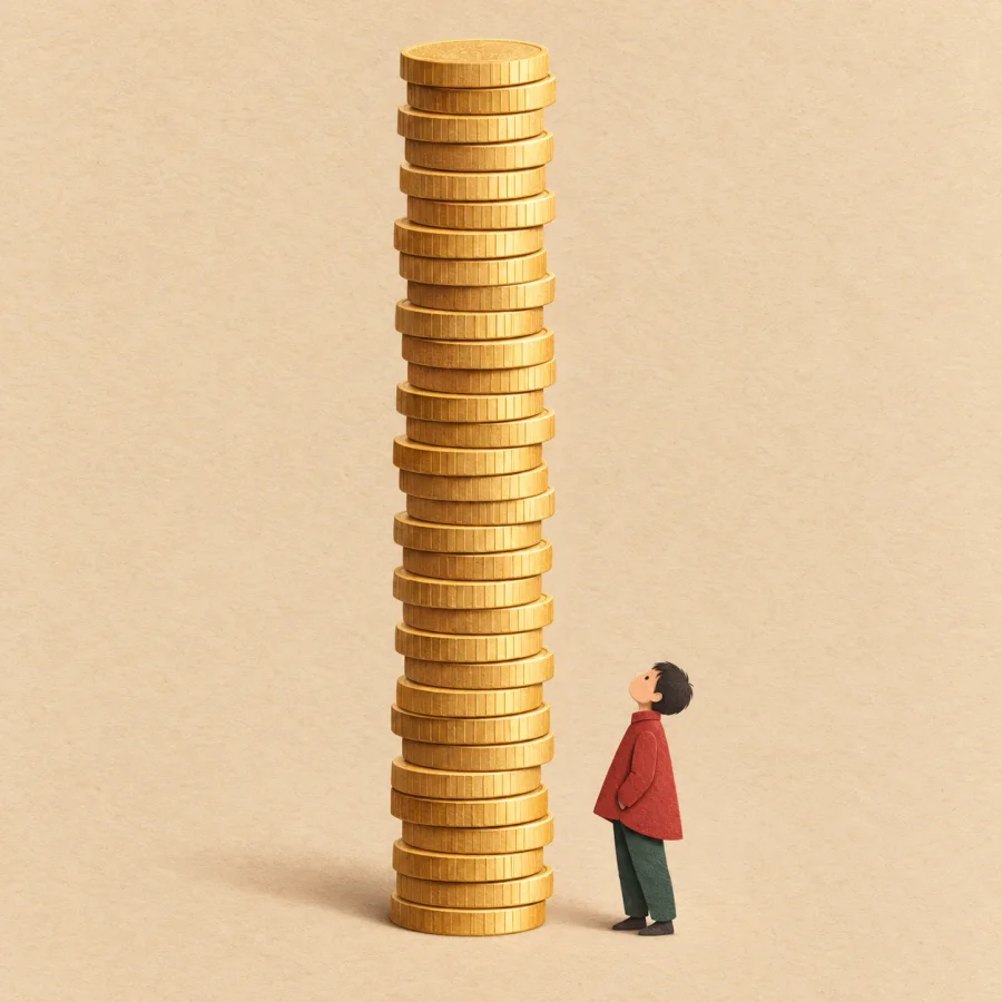 A person looks up at a huge tower of coins