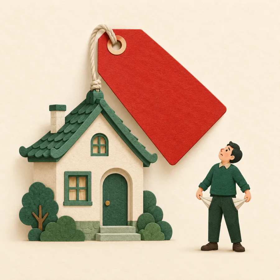 A person looks at a huge price tag on a small house