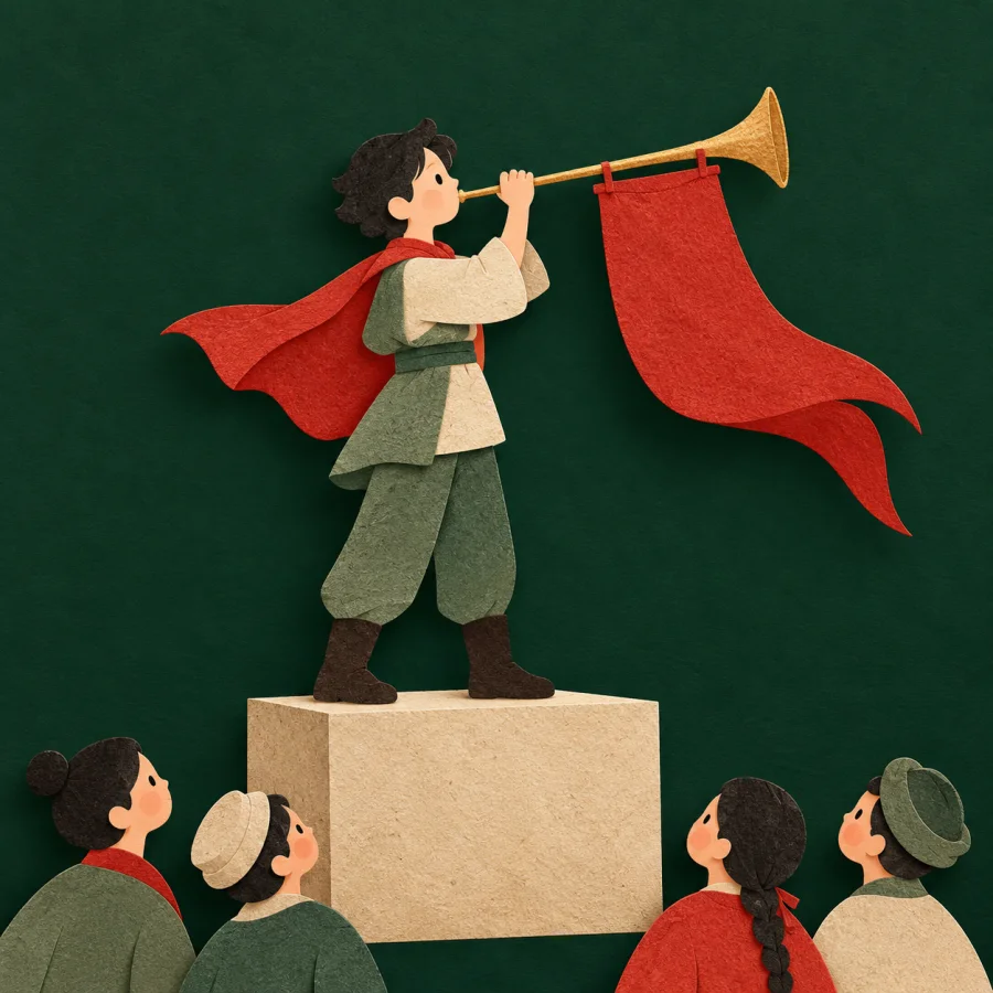 A person on a box blows a trumpet as passersby turn