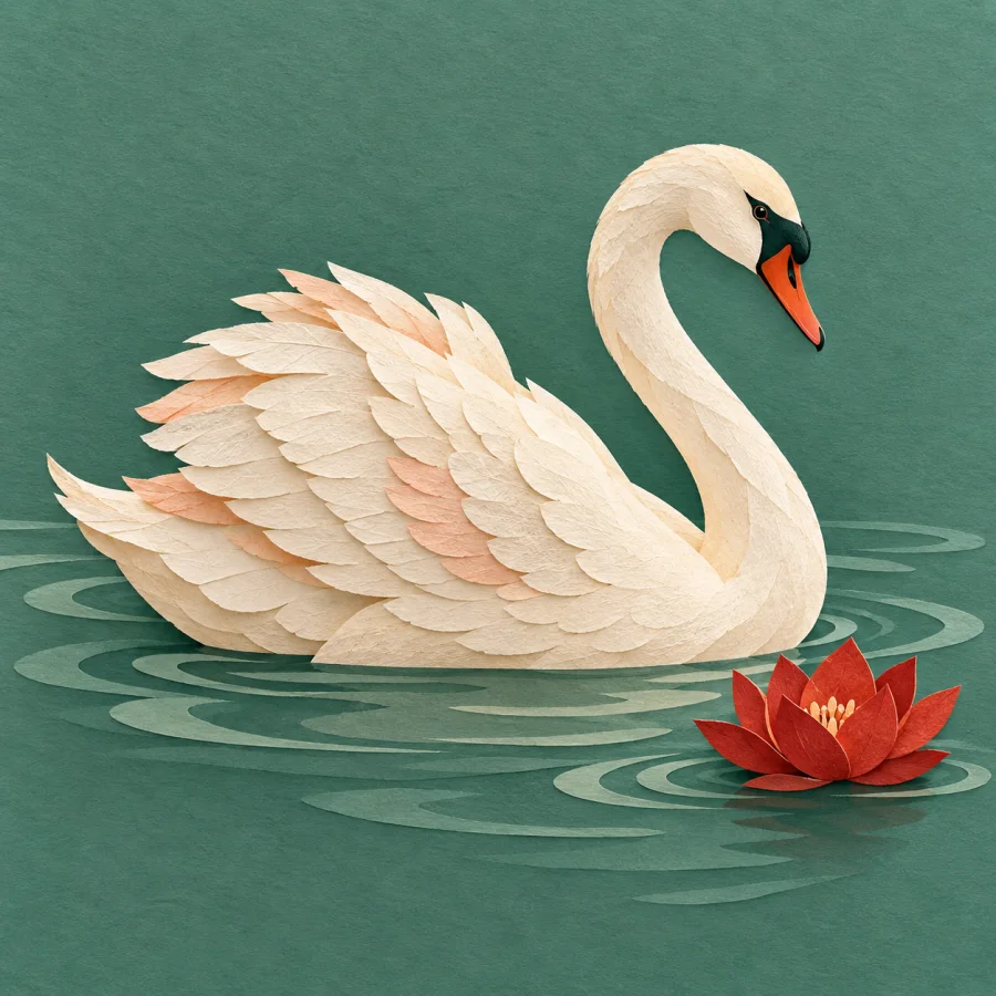 A white swan with an arched neck glides on water