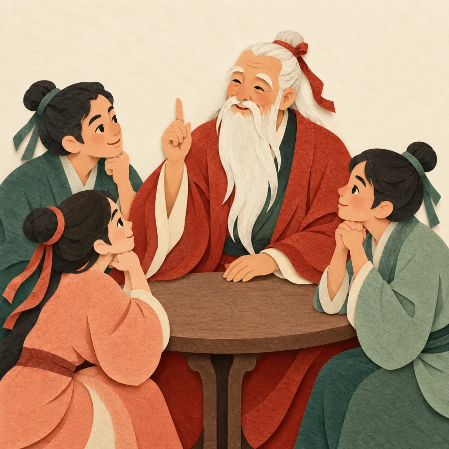 A bearded elder raises a finger as others lean in to listen