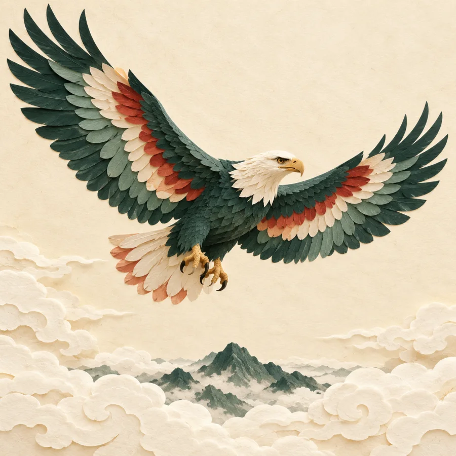 An eagle soars high above clouds and a mountain