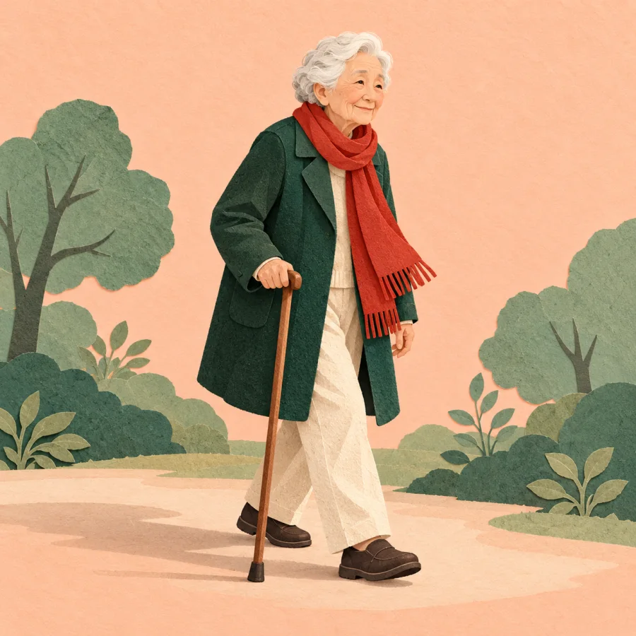 An elderly person with a cane walks slowly in a park
