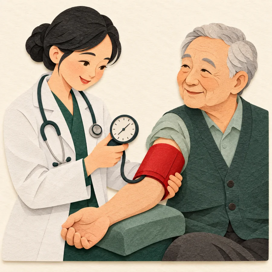 A doctor fits a blood pressure cuff on an elderly arm