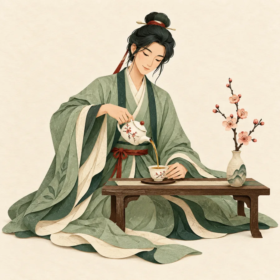 A person in an elegant robe pours tea into a cup