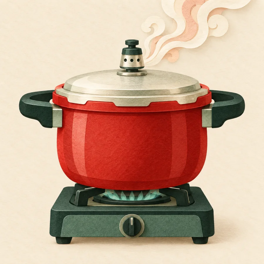 A pressure cooker releasing steam on a stove