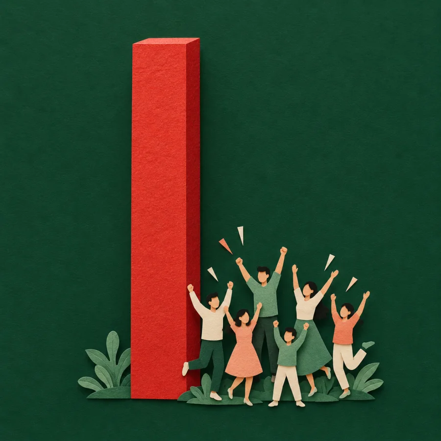 A red column rises beside a cheering crowd