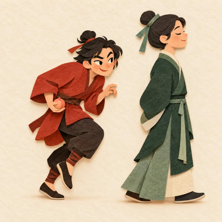 A sly person tiptoes behind another's back