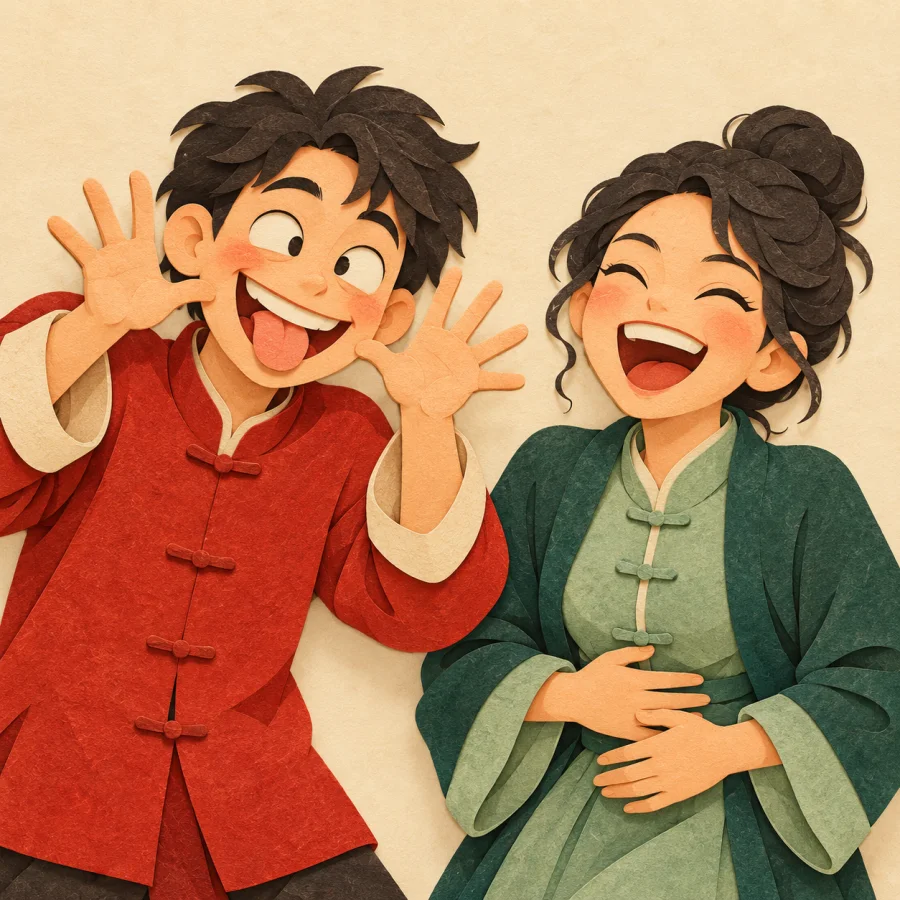 A person pulls a silly face while another laughs
