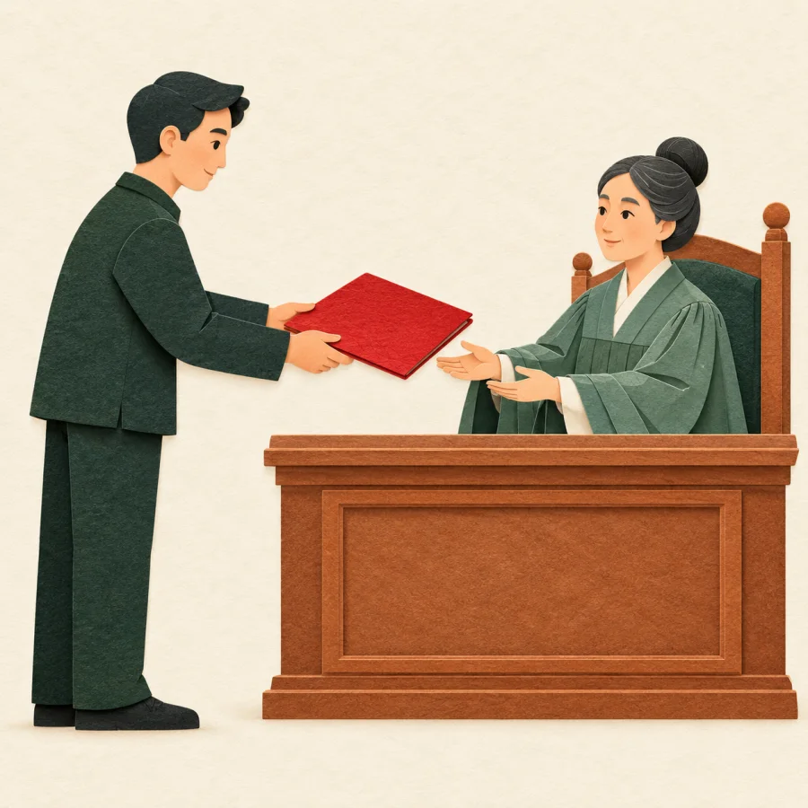 A person presents a folder to a judge at a desk