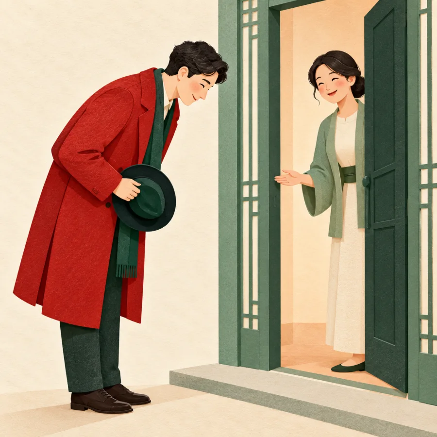 A guest bows at a door holding a hat