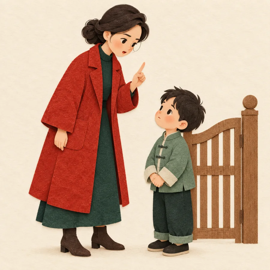 A parent with a raised finger speaks seriously to a child