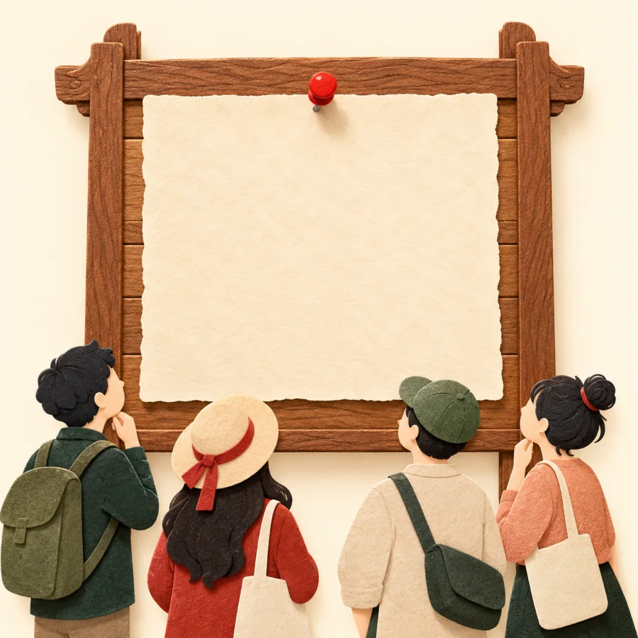 People read a sheet on a wooden notice board