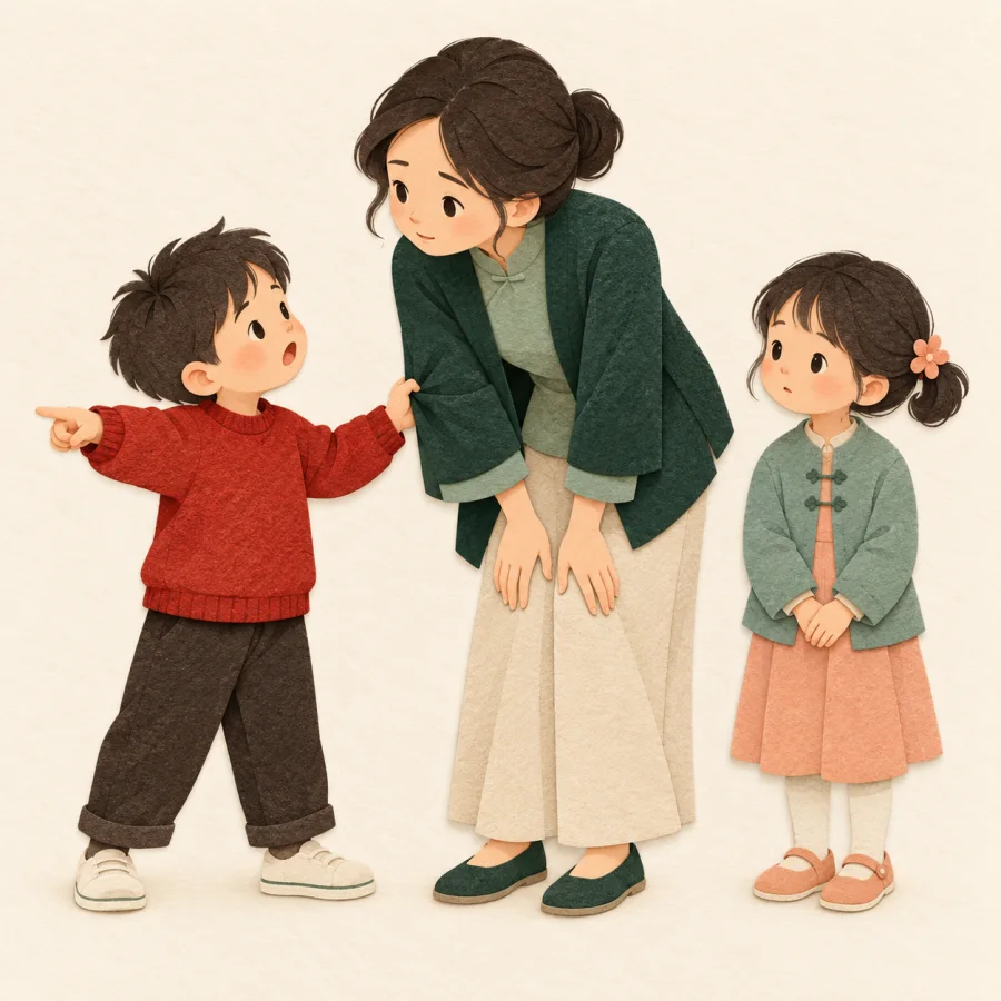 A child points at another child and tugs an adult's sleeve