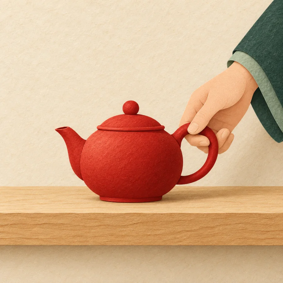 A person gently sets a teapot on a wooden shelf