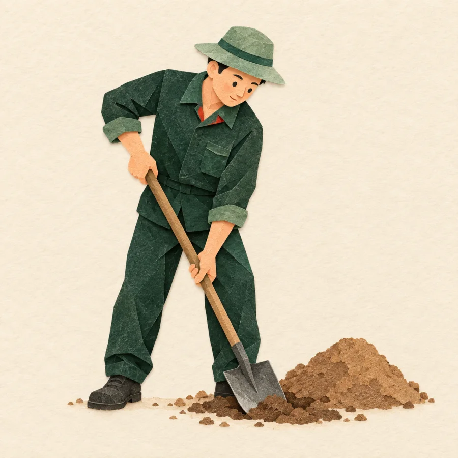 A worker digging soil