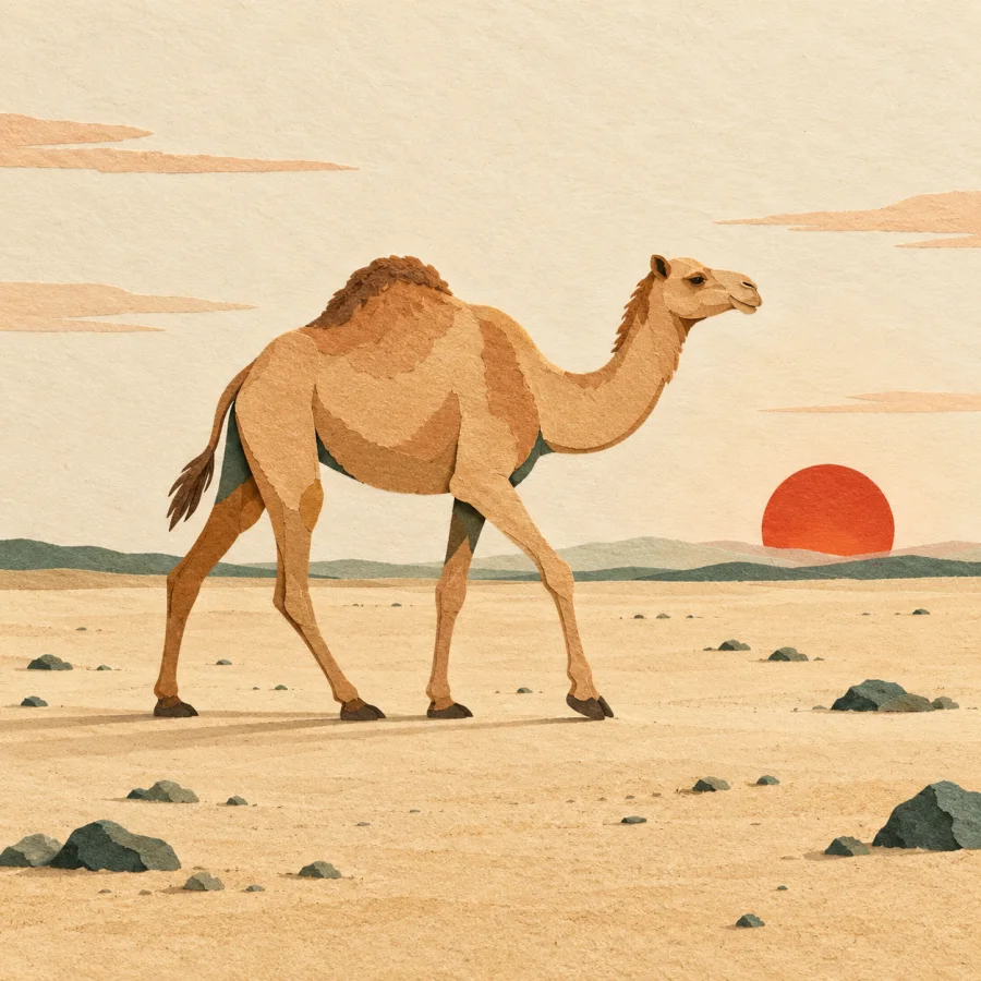 A camel walks across a stony desert under a red sun