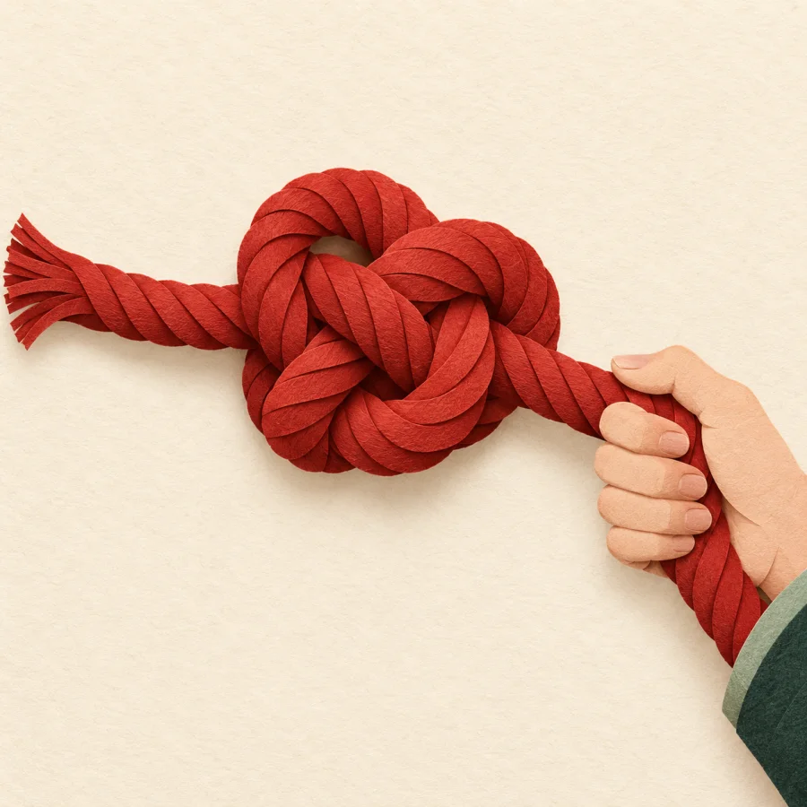 A hand pulls the end of a rope with a big knot