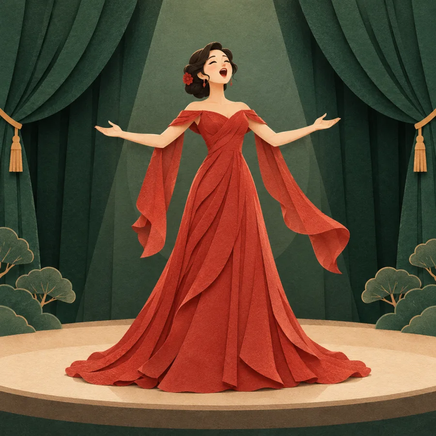 A singer in a red gown sings on a stage with green curtains