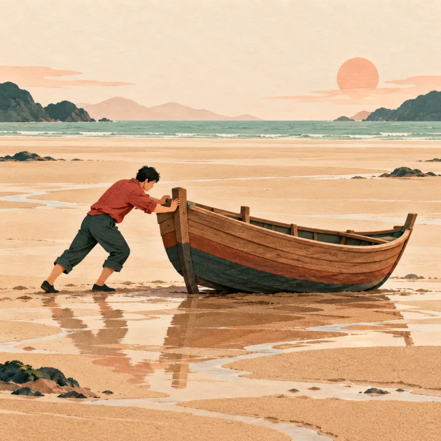A boat tilts on the sand while a person pushes it