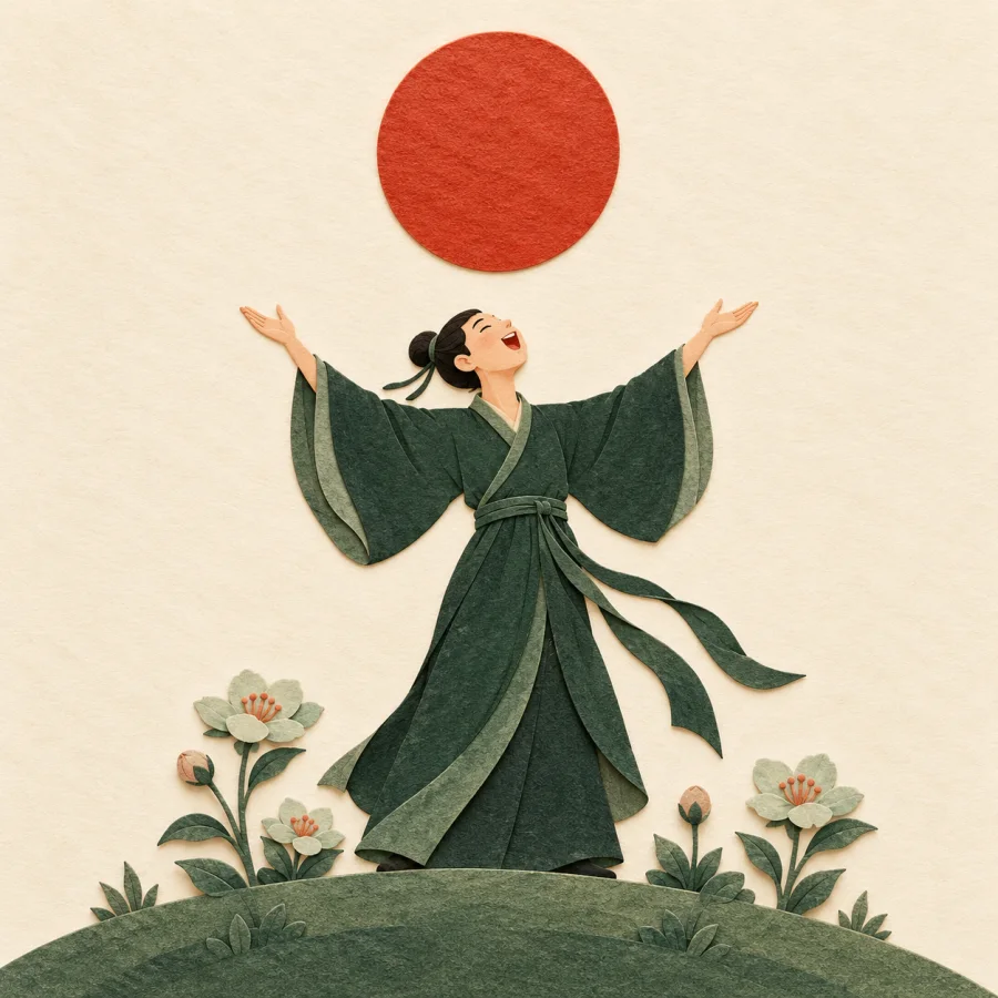 A person in green sings with raised arms toward a red sun