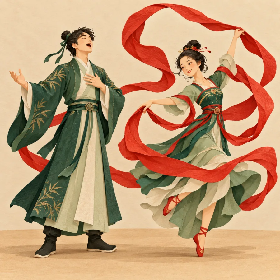 One person sings while another dances with red ribbons