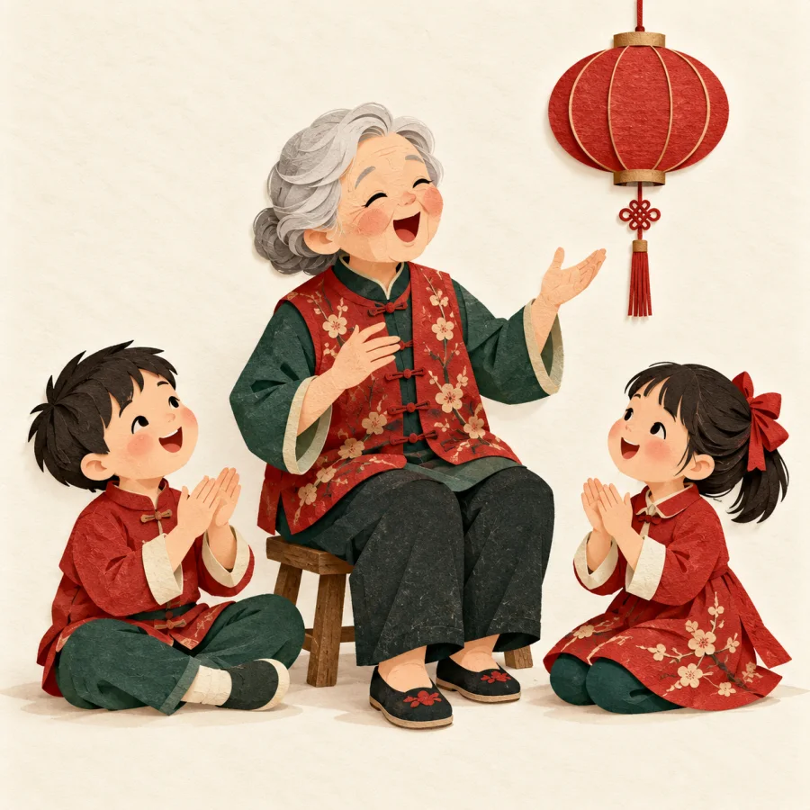 An elderly person sings to two clapping children