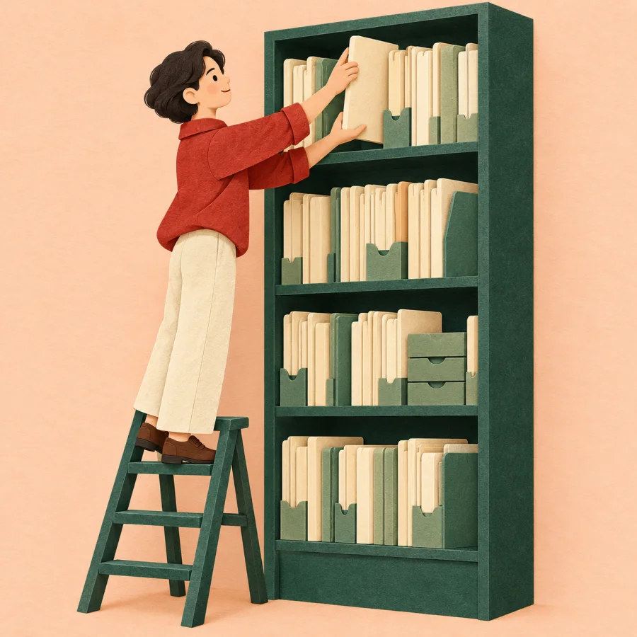 A person slides a folder onto a high shelf full of folders