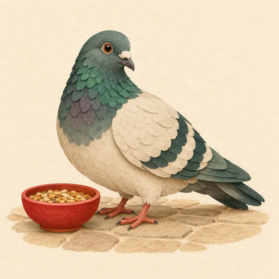 A pigeon stands on cobblestones beside a bowl of grain