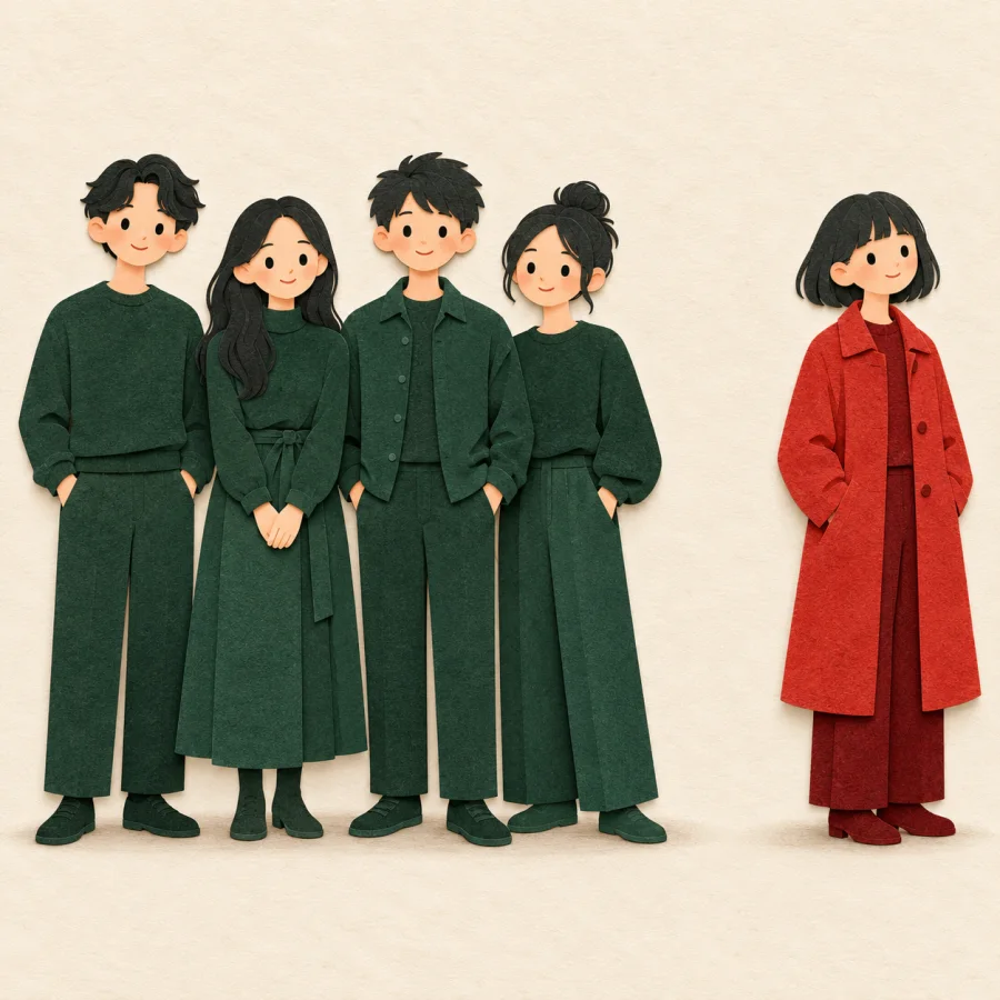 A person in red stands apart from a group in green
