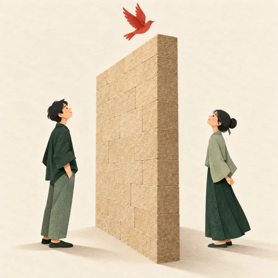 Two people stand on opposite sides of a tall wall