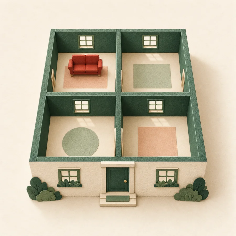 A cutaway house with four rooms and a red sofa