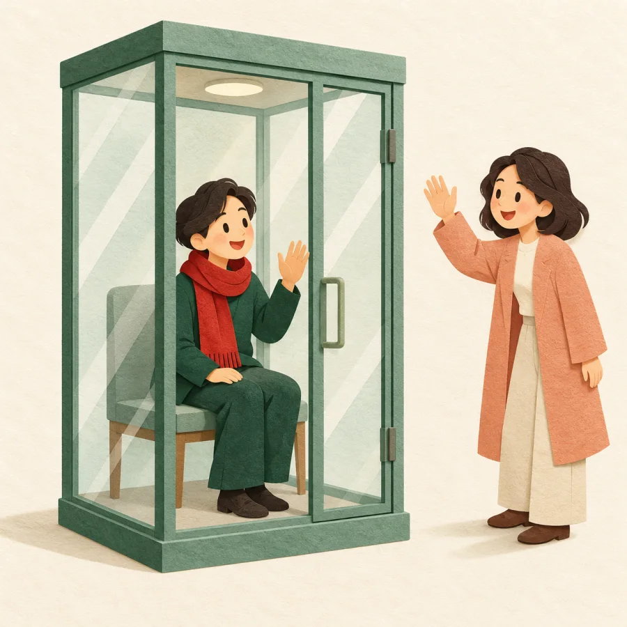 A person sits alone behind glass while another waves outside