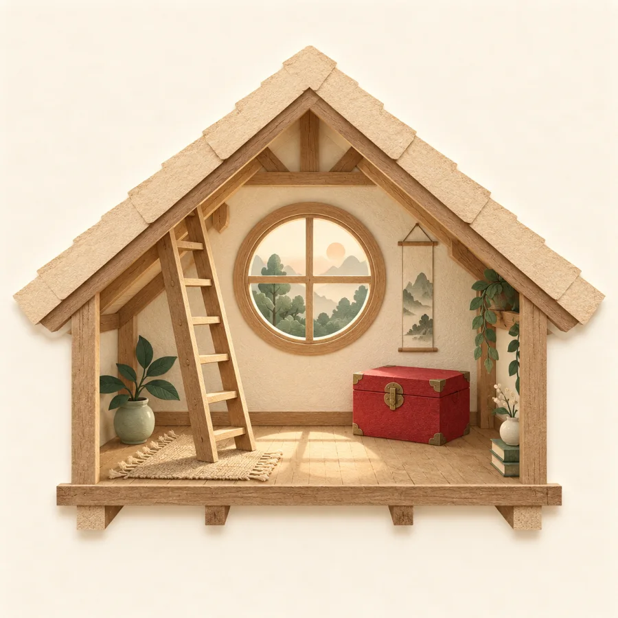 A room under a sloped roof with a round window and a box