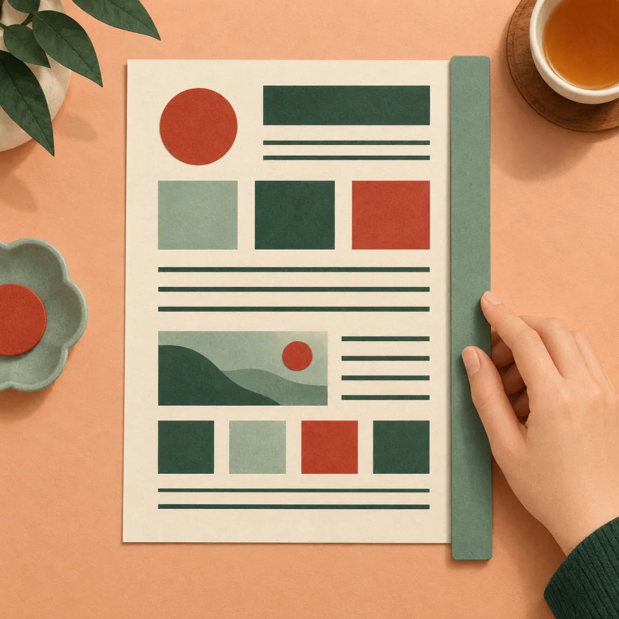 A hand aligns a neat page of blocks with a ruler