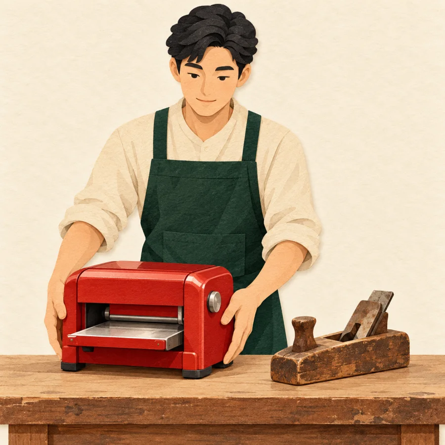 A person places a new red machine beside an old tool