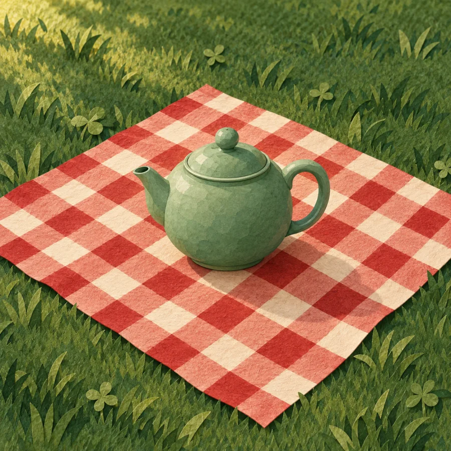 A red and cream checkered cloth with a teapot on grass