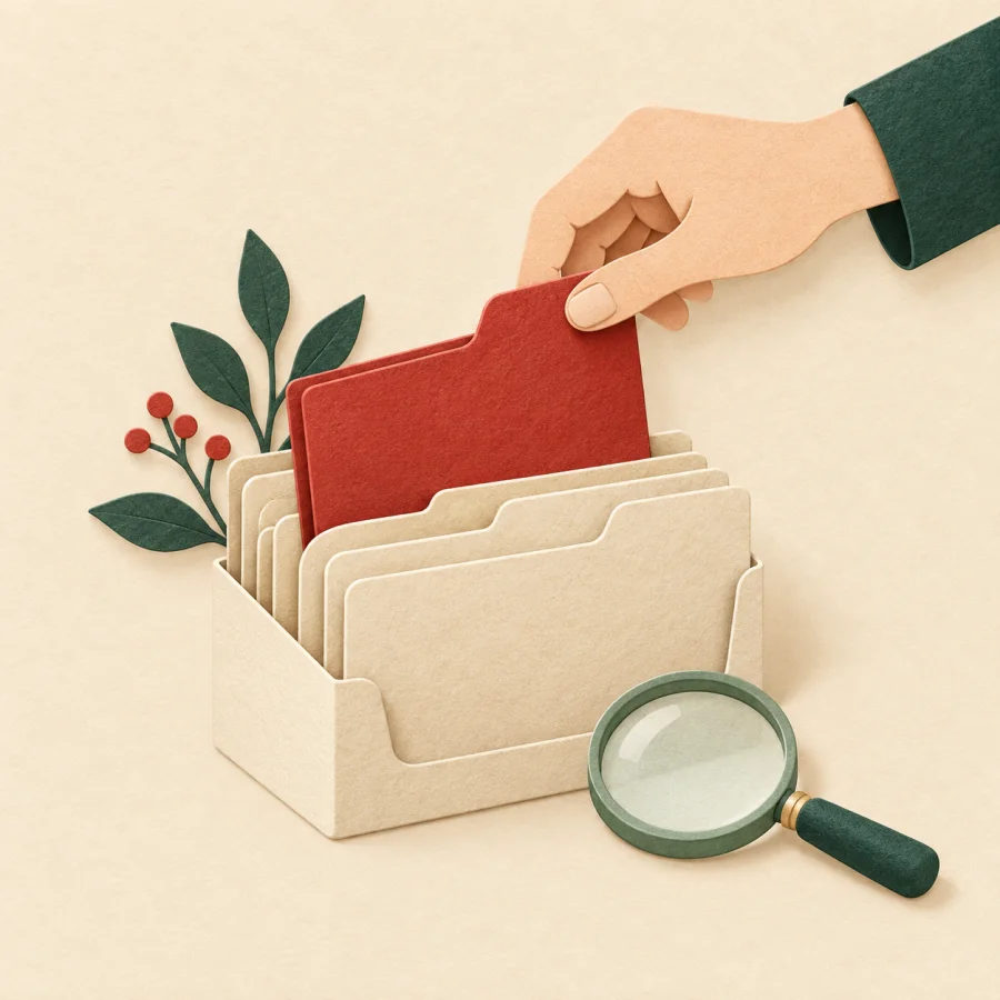 A hand pulls one folder from a stack, a magnifier beside it