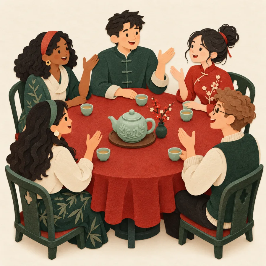 Five people talk around a round table with a teapot