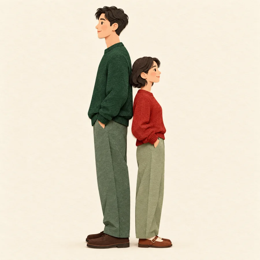 A tall person and a short person stand back to back