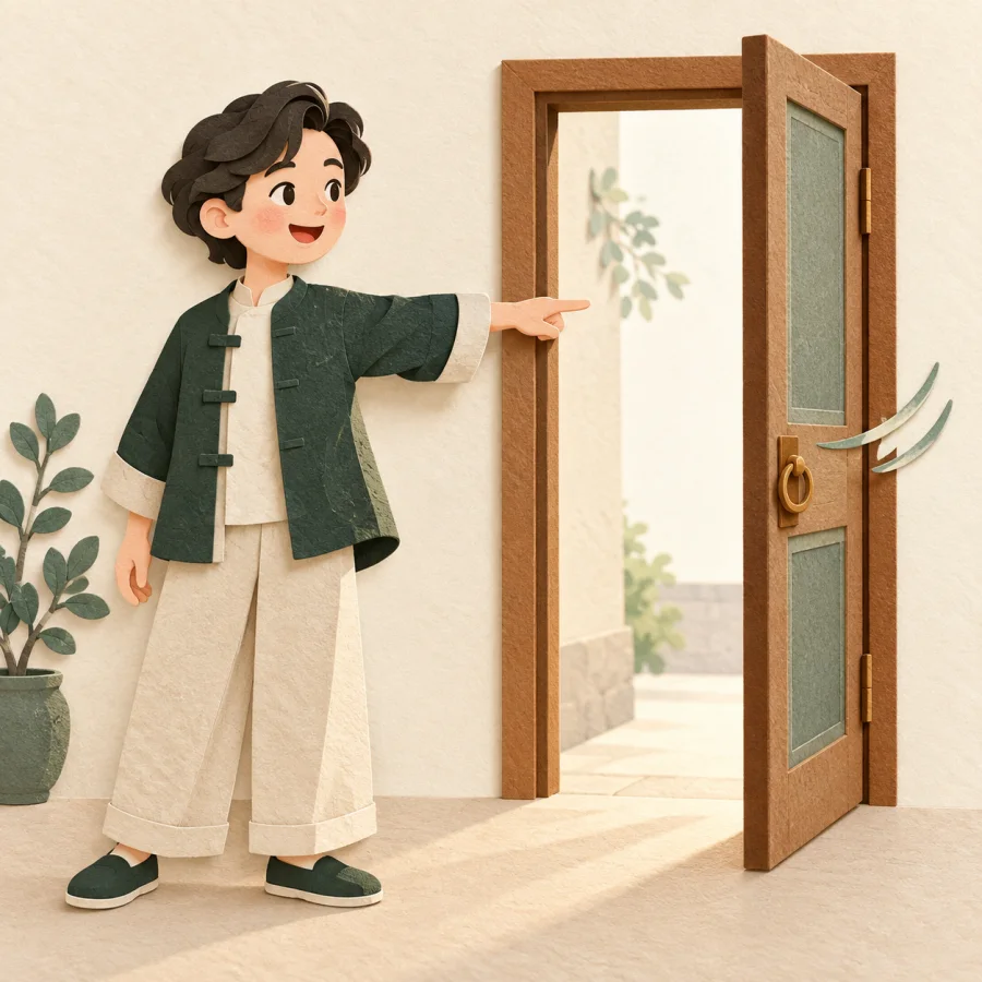 A friend pointing to a door