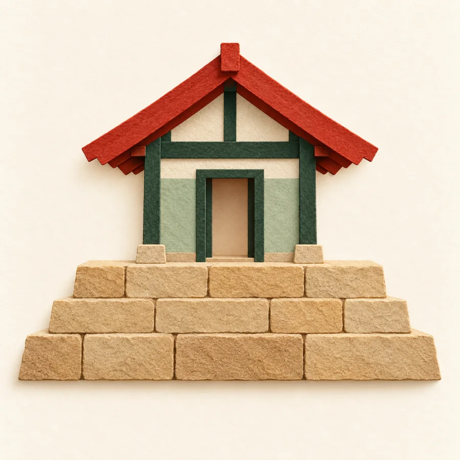 A wide stone foundation with a house frame and red roof