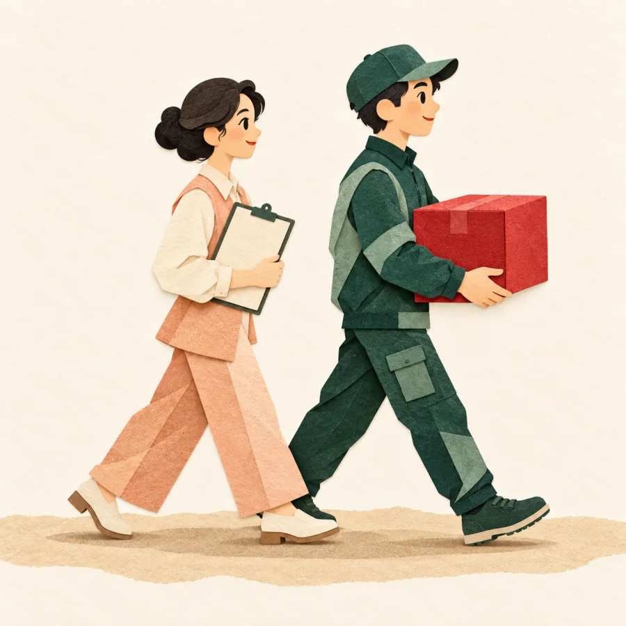 A person with a clipboard follows closely behind a courier